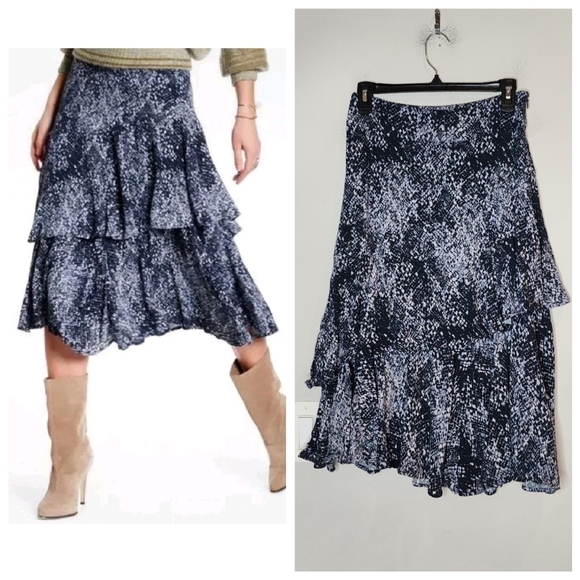 Free People Tiered Midi Skirt Rayon Blue Grey Snake Print Animal